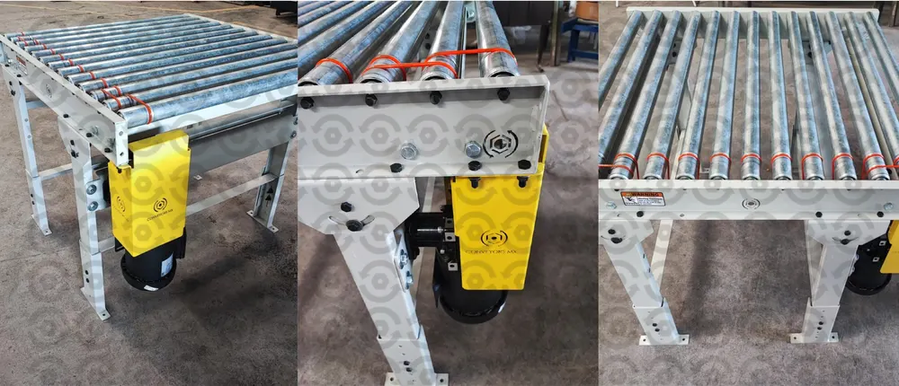 Transportador de rodillos motorizado tipo line shaft con transmisión por bandas